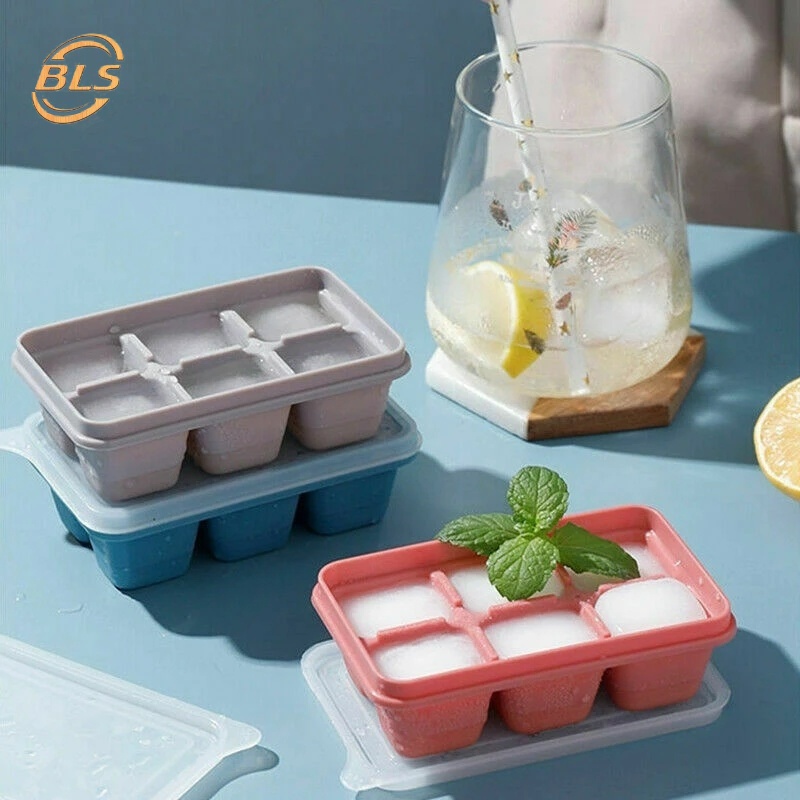 Khay Làm Đá Viên Hình Vuông 6 Ngăn Bằng Silicone Có Nắp Đậy Dễ Sử Dụng Cho Nhà Bếp