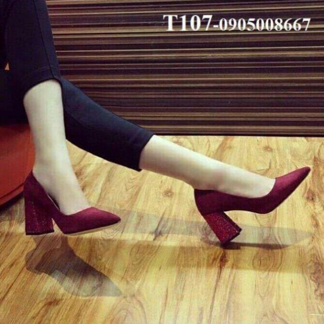 VIP Giày cao gót da lộn gót vuông kim sa sang chảnh