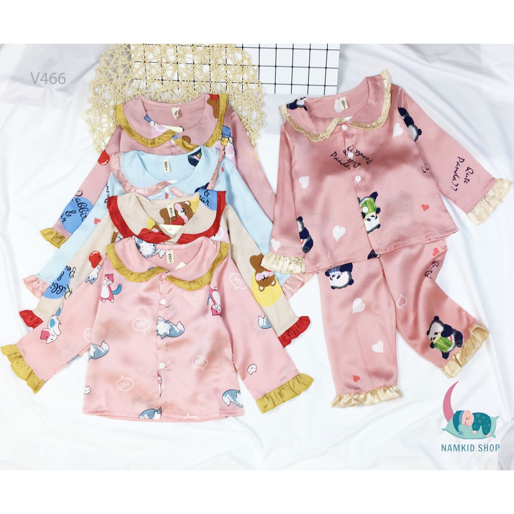 Bộ Ngủ Pijama Dài Tay Bé Gái Chất Lụa Satin Viền Bèo Cực Đẹp Cho Bé, Bộ Dài Tay Bé Gái Mặc Nhà Namkidshop (V466)