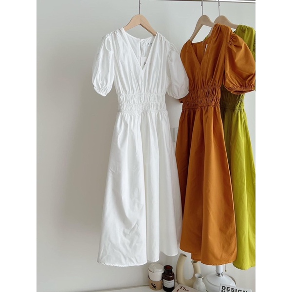 Váy - Đầm Midi thô TAY BỒNG NHÚN LI EO cổ V