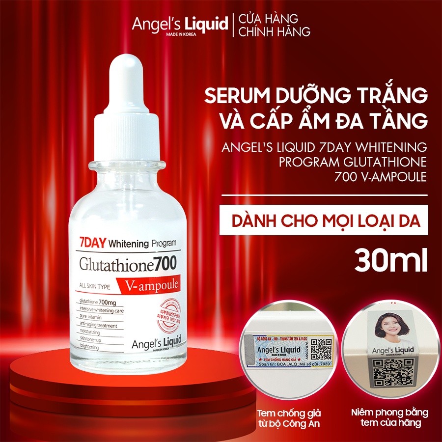 Serum Dưỡng Trắng Da, Cấp Ẩm Đa Tầng Angel's Liquid Glutathione 700mg + 5% HA 7Day Whitening Program 30ml