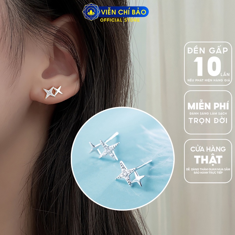 Bông tai bạc nữ xiên chéo đính đá lấp lánh chất liệu 925 thời trang phụ kiện trang sức nữ Viễn Chí Bảo B400433x