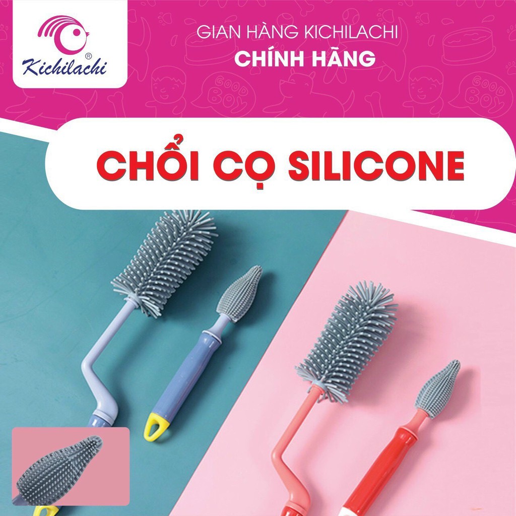 Bộ cọ silicon, cọ rửa bình sữa, núm vú 3 chi tiết cho bé cao cấp Kichilachi tay cầm xoay 360 độ