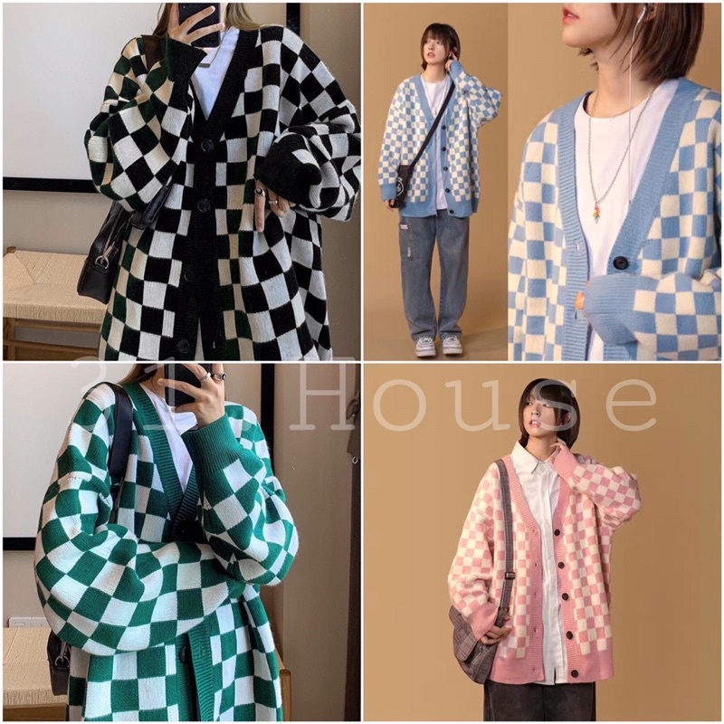 SẴN ĐEN🍂Áo Cardigan Len Rộng Hoạ Tiết Caro Siêu Dày Dặn 🏁Ảnh thật shop chụp ở cuối