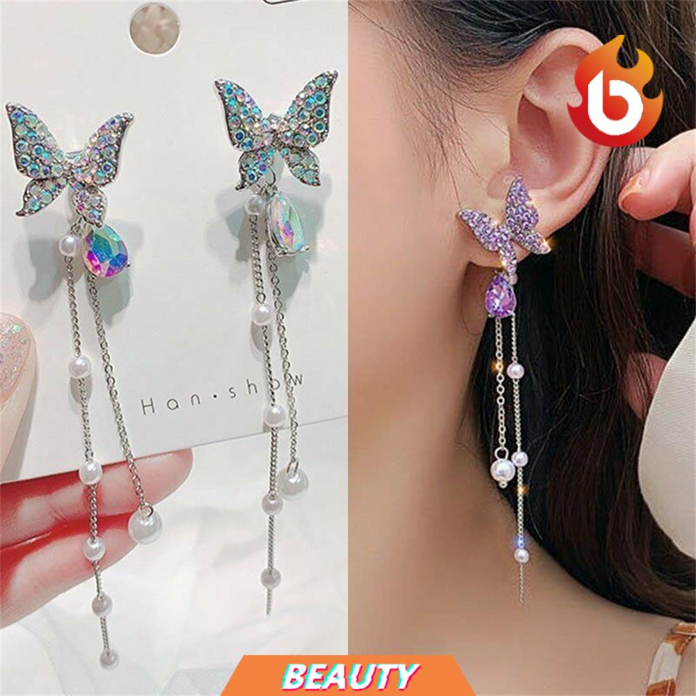 Bông tai dáng dài hình bướm đính ngọc trai lấp lánh thời trang cho nữ