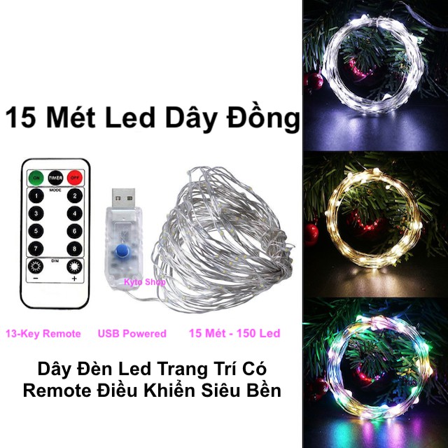 15M Dây Đèn Led Trang Trí có remote điều khiển, đèn đom đóm led chớp nháy dây đồng fairy light