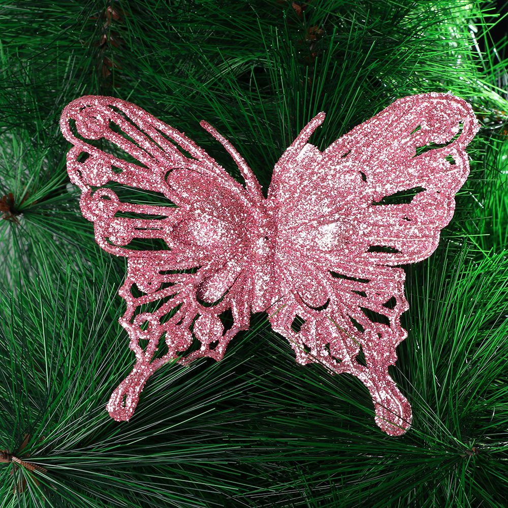 MIOSHOP 1pc Artificial Gold Powder Butterfly Christmas Tree Decorations Glitter Plastic Ornaments