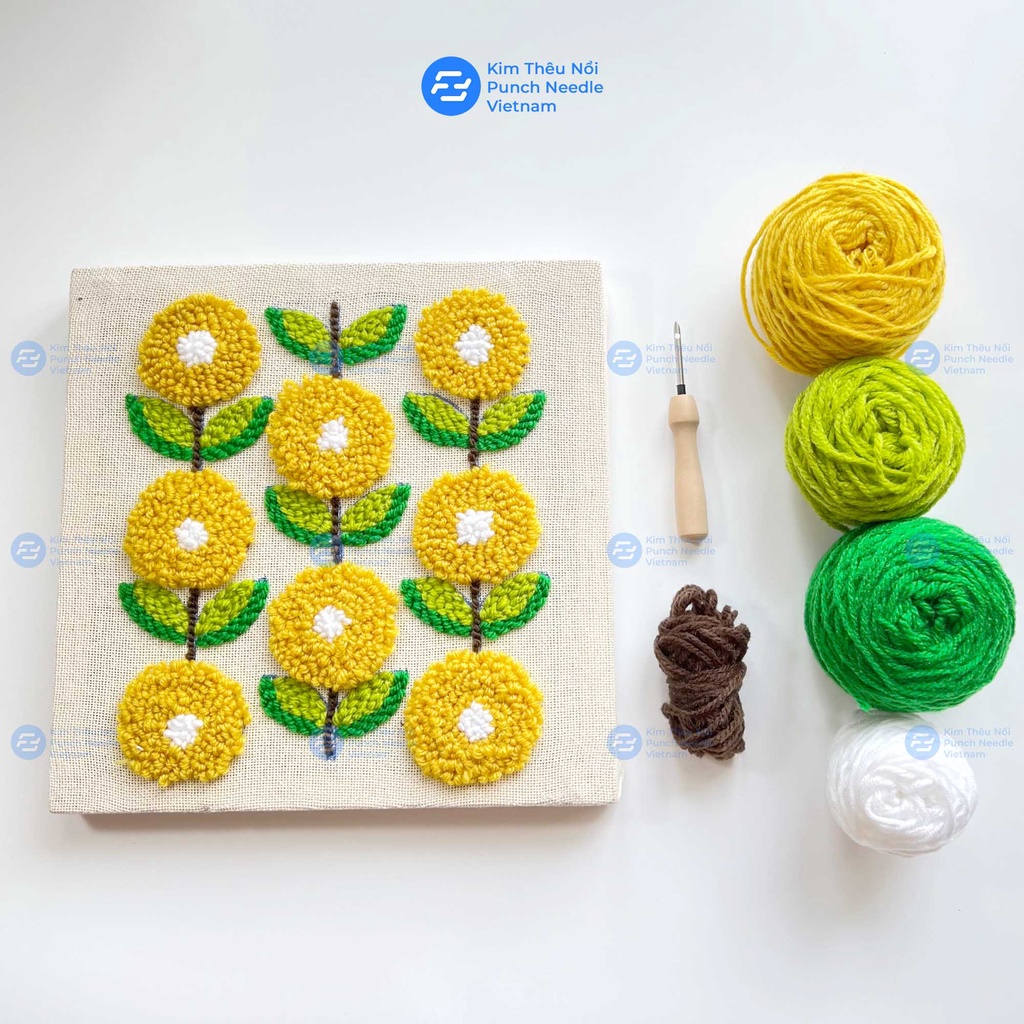 Set thêu nổi thêu xù Punch Needle họa tiết hoa đơn giản dành cho người mới bắt đầu