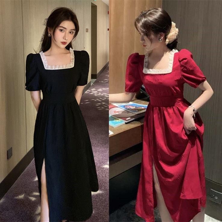 Đầm dài dáng chữ a cổ vuông màu đỏ phong cách retro Pháp