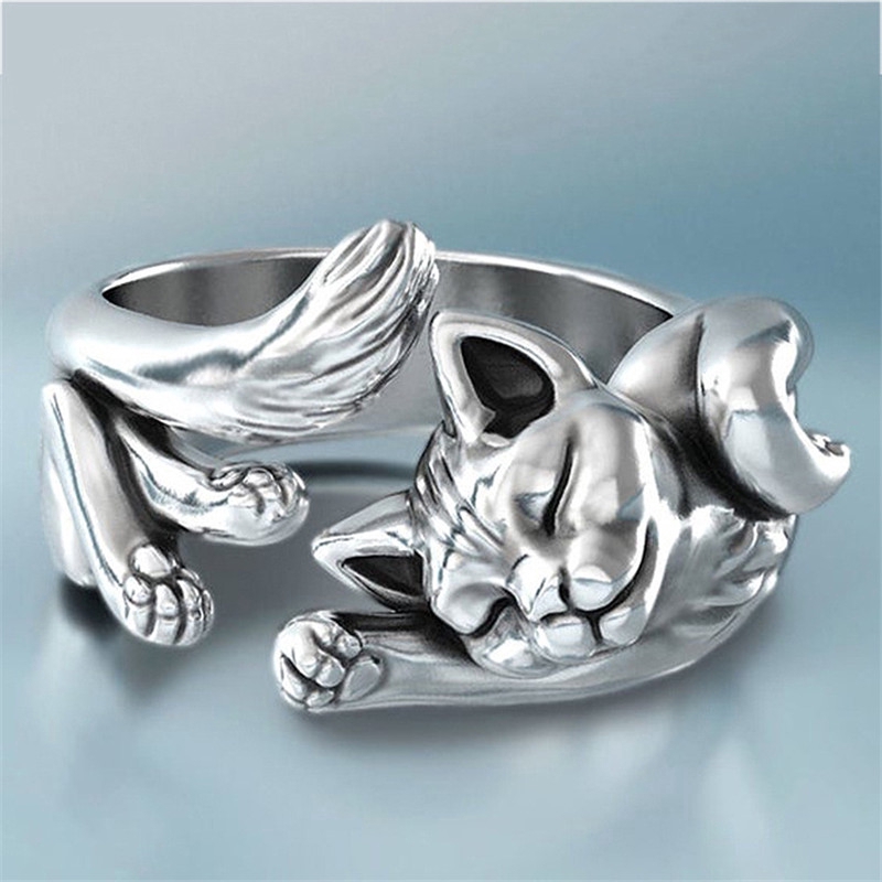 Nhẫn bạc 925 kiểu dáng hình mèo con phong cách cổ điển độc đáo