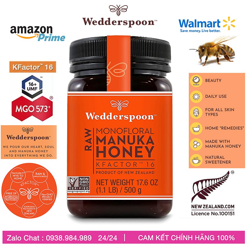 Mật Ong MANUKA Wedderspoon, Mật Ong Tươi RAW Manuka HONEY - Newzealand, K-Factor 16 ~ MGO573+