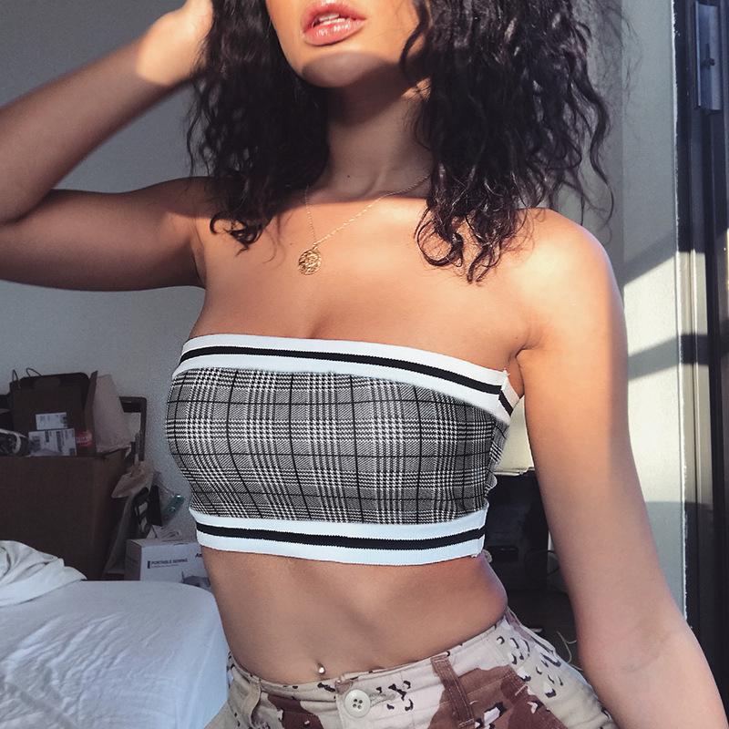 Áo Croptop Trễ Vai Họa Tiết Sọc Caro Phong Cách Quyến Rũ