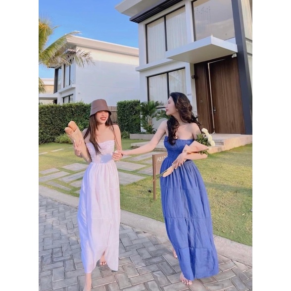 ĐẦM MAXI ỐNG NHÚN CHỈ NGỰC