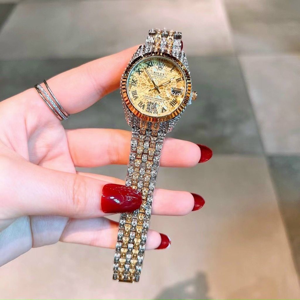 Đồng hồ nữ Rolex size 30mm máy quartz, full đá sáng, khung + dây thép, sang chảnh hết sức