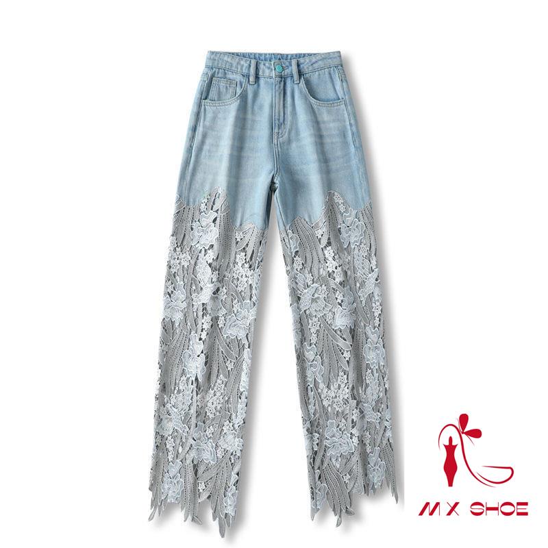M & X  Quần Denim Ống Rộng Cạp Cao Phối Ren Rỗng Dễ Phối Đồ Phong Cách Mới Cho Nữ