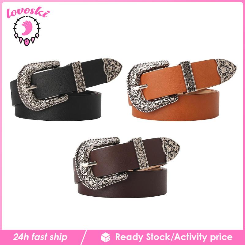 Thắt Lưng Giả Da Khóa Chạm Khắc Màu Đen Thời Trang Cho Nữ