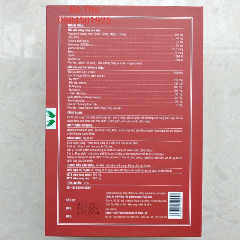 SUNBONE GOLD (viên khớp 2 lọ) (90 viên) Hỗ Trợ bảo vệ, giảm thoái hóa, khô, cứng khớp