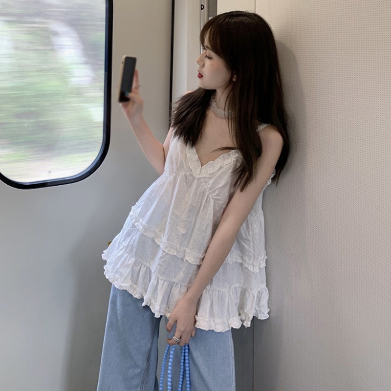 Áo Hai Dây Cổ Chữ V Dáng Rộng Màu Trơn Phong Cách Hàn Quốc Thời Trang Cho Nữ