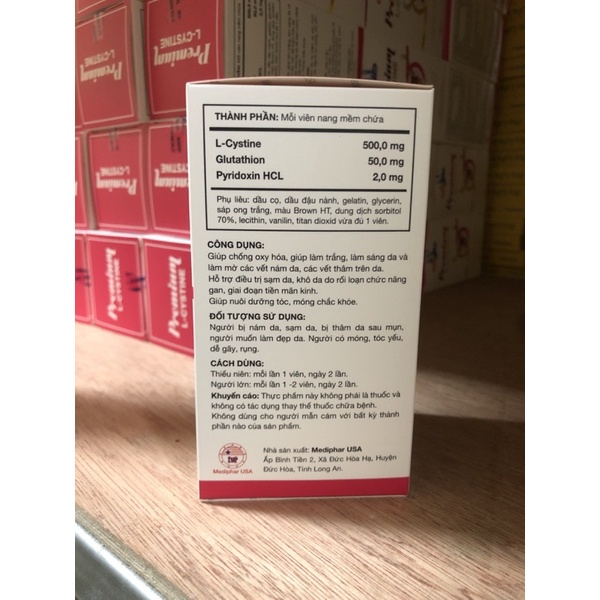 Viên uống Premium L-Cystine: Giúp làm trắng sáng da, mờ thâm nám,giảm khô da,nuôi dưỡng tóc, móng chắc khỏe.