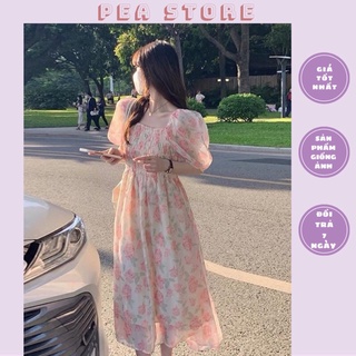 Váy hoa hồng tay bồng chun ngực voan tơ 2 lớp - Váy hoa dáng dài voan tơ hoạ tiết hoa Pea Store (Ảnh thật)