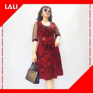 Đầm trung niên cổ đắp chéo tay lửng, Váy trung niên cổ V dự tiệc MS69