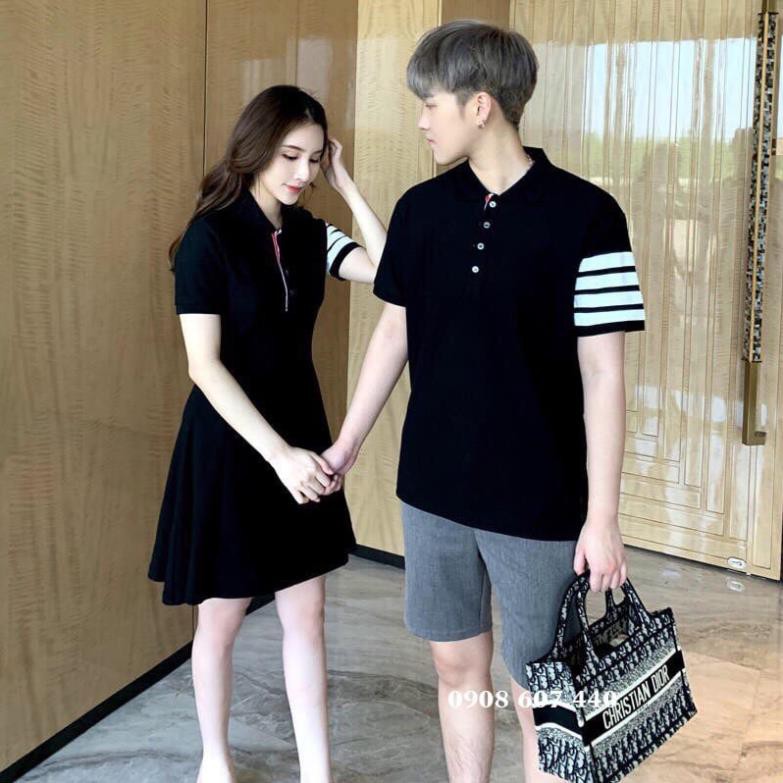 Đồ cặp nam nữ váy thun cổ bẻ tay sọc phối cùng áo thun nam