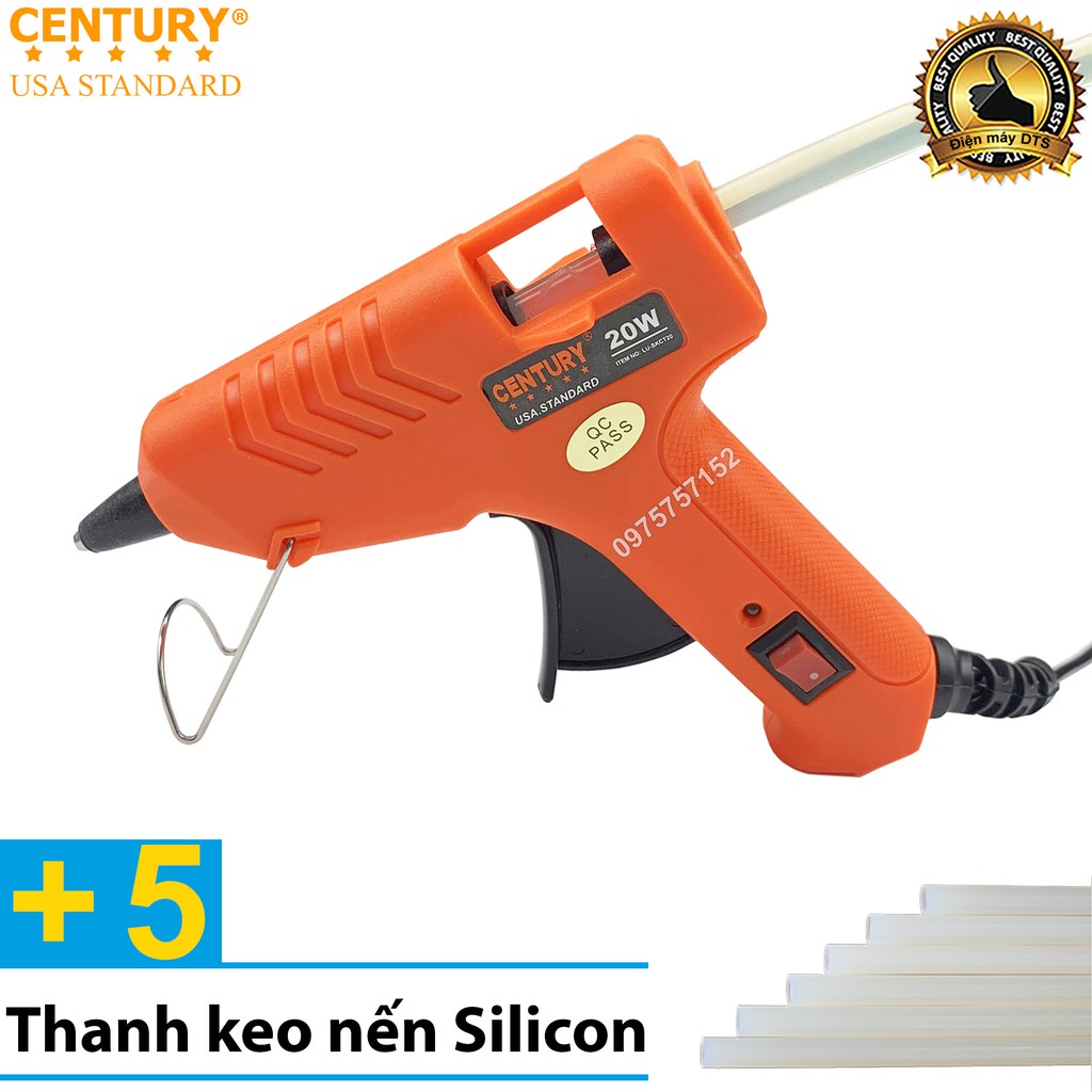 Combo súng bắn keo nến silicon CENTURY USA STANDARD 20w chuẩn Mỹ  nóng nhanh, keo ra đều và liên tục + 5 cây keo silicon