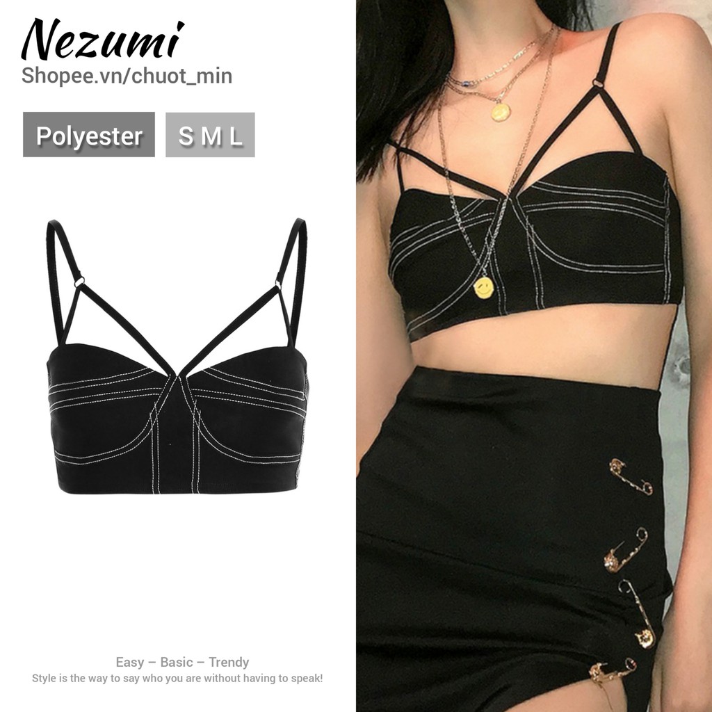 (Order_Ảnh thật) Áo croptop 2s đen trắng may viền khuôn ngực sexy phong cách Châu Âu