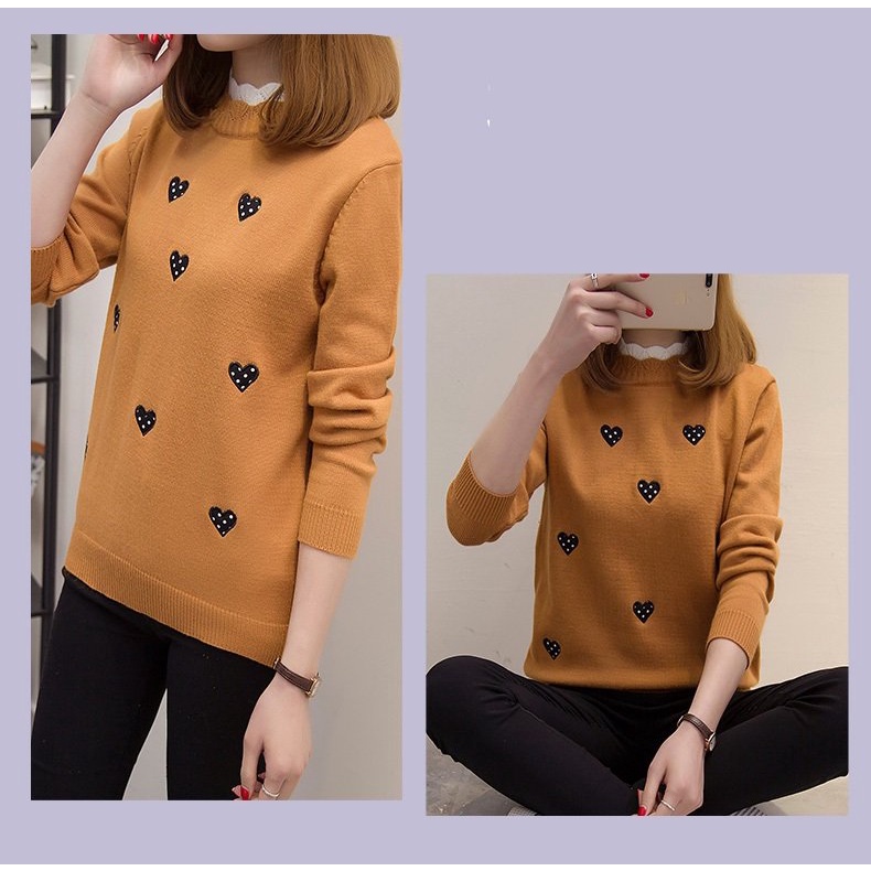 Áo len lông thỏ thêu tim basic 4 màu xinh xắn