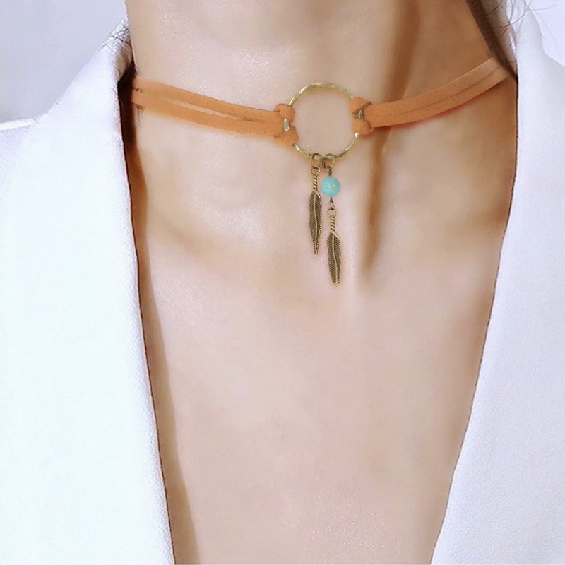 Vòng cổ Da Nâu Đính Hạt Hợp Kim Lông Vũ Phong Cách Bohemian Cổ Điển Thời Trang Cho Nữ