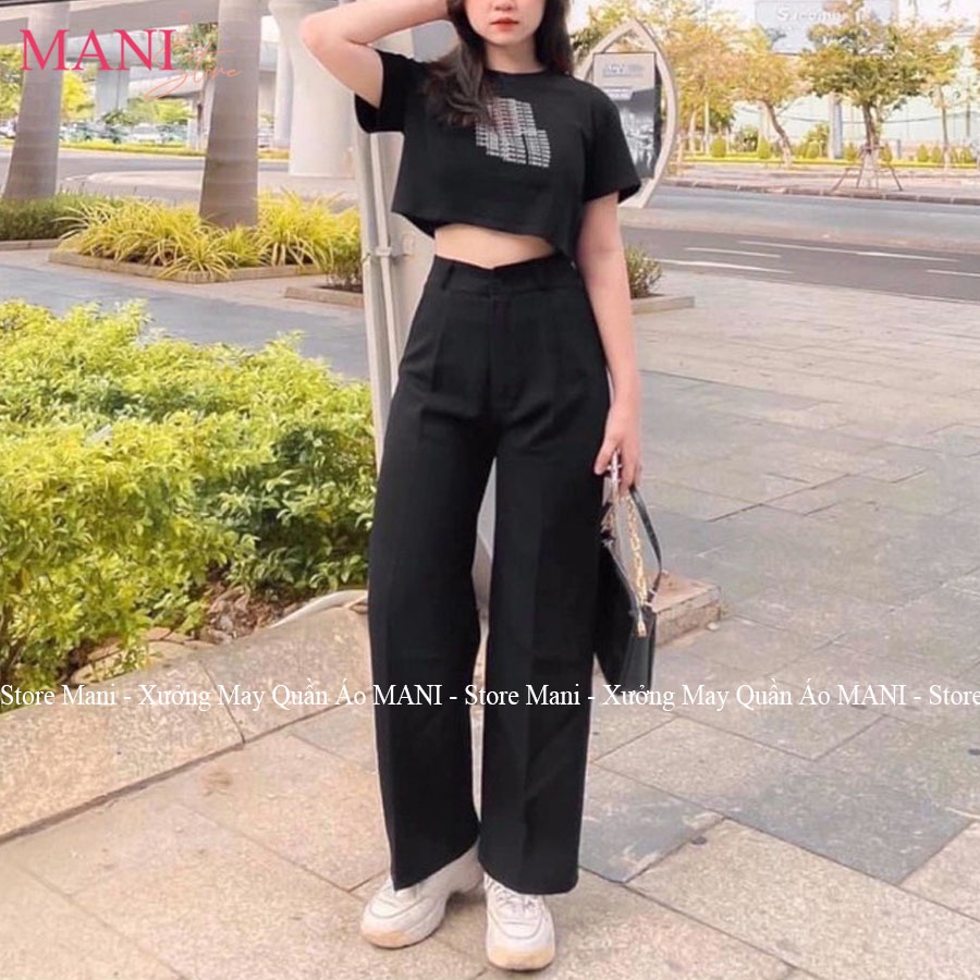 Quần ống rộng nữ lưng cao khoá thật kiểu quần Culottes ống suông dài vải mưa màu đen trắng mặc đi chơi học làm công sở