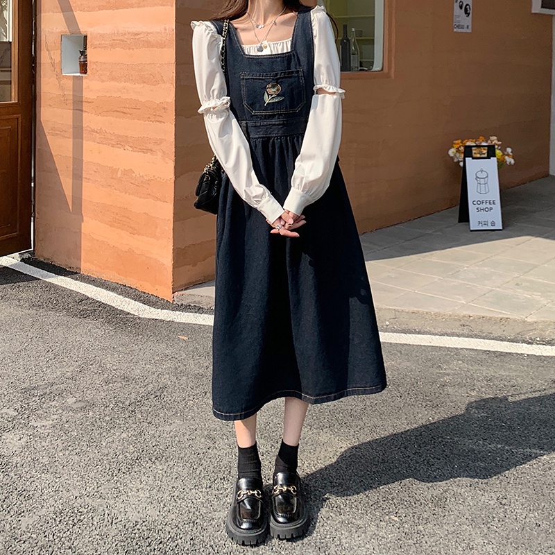 Đầm Yếm Denim Dáng Rộng Thêu Hoa Xinh Xắn 48882