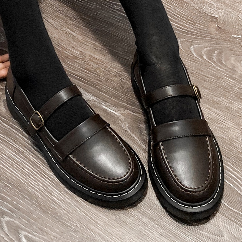 Giày Da Đế Dày Màu Đen Phong Cách Retro Nhật Bản Size 34-42 Cho Nữ
