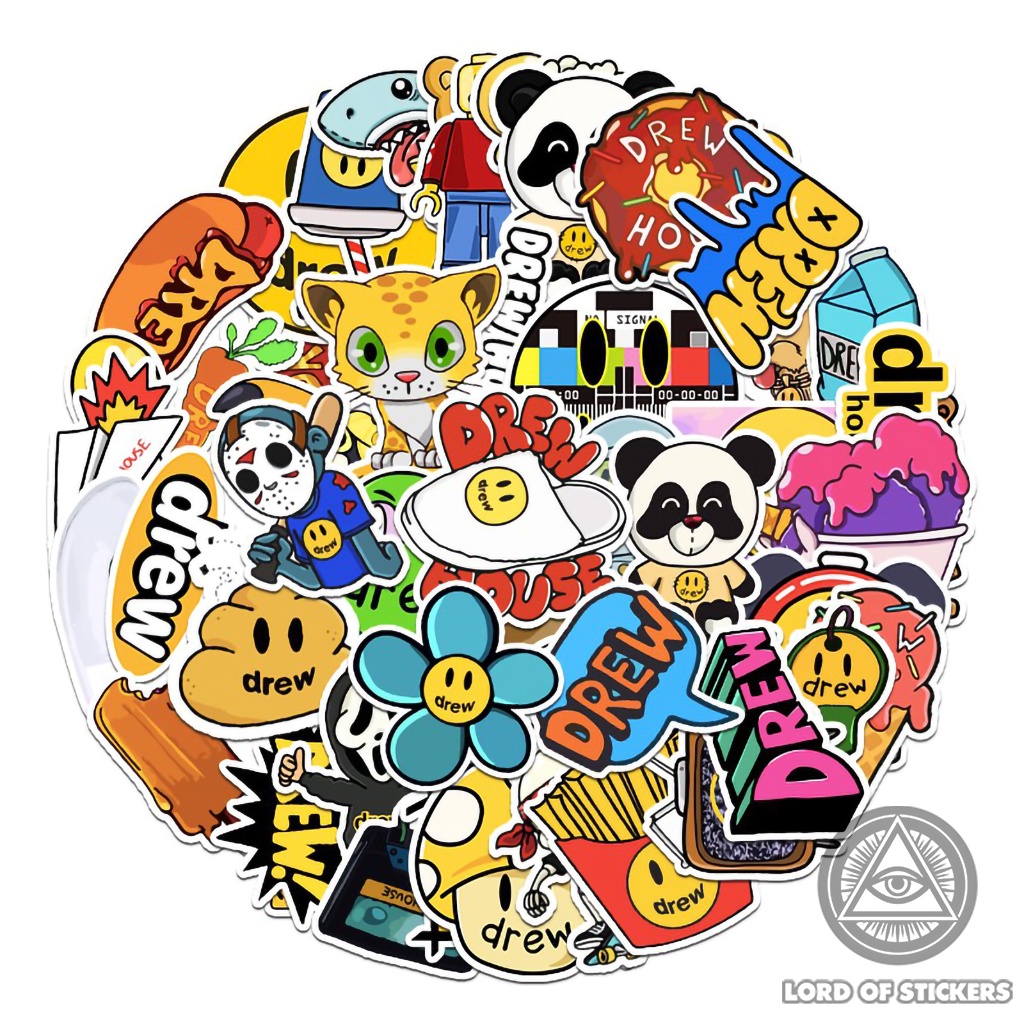 Set 54 Sticker DREW Cực Chất, Hình Dán Drew House Justin Bieber Chống Thấm Nước Trang Trí Mũ Nón Bảo Hiểm, Laptop, Vali