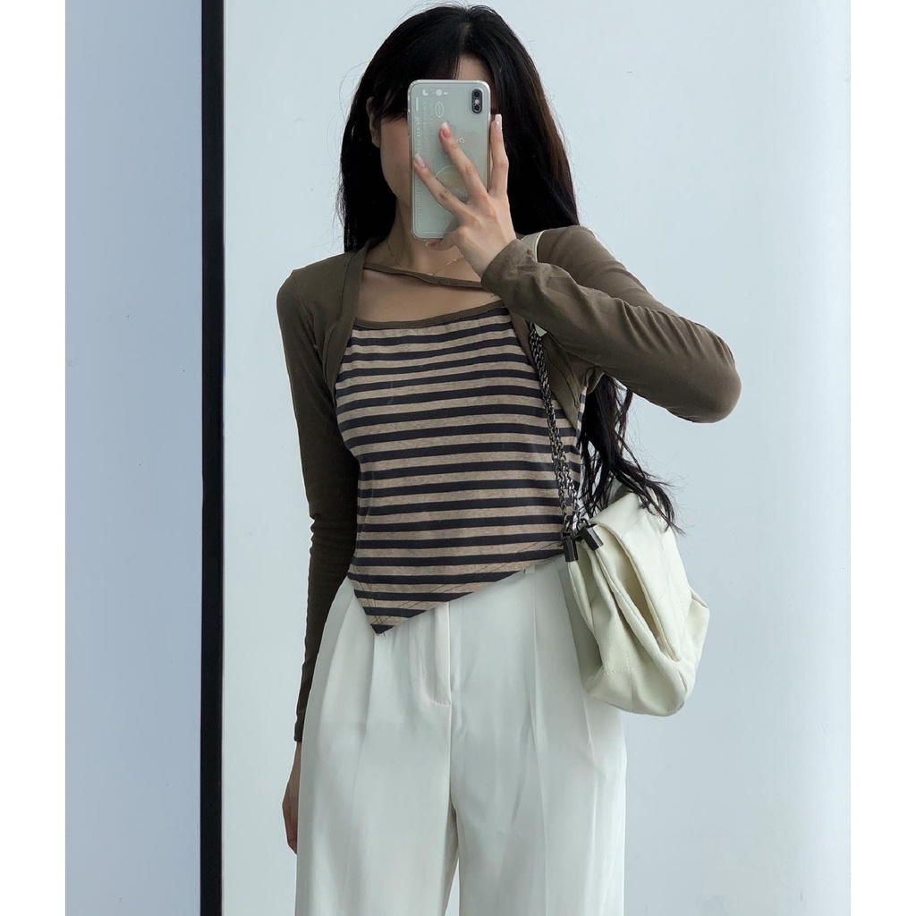 Áo thun croptop vạt trước kẻ ngang dây cổ tay pha màu A2443 SUSTORE