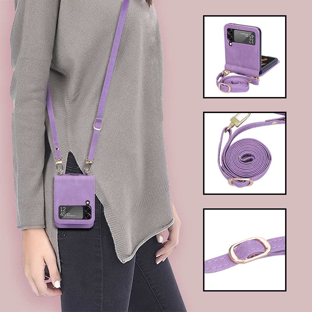 Shockproof Card Slot Leather Case for Samsung Galaxy Z Flip 4 5G Anti-Scratch Protective Phone Cover with Lanyard