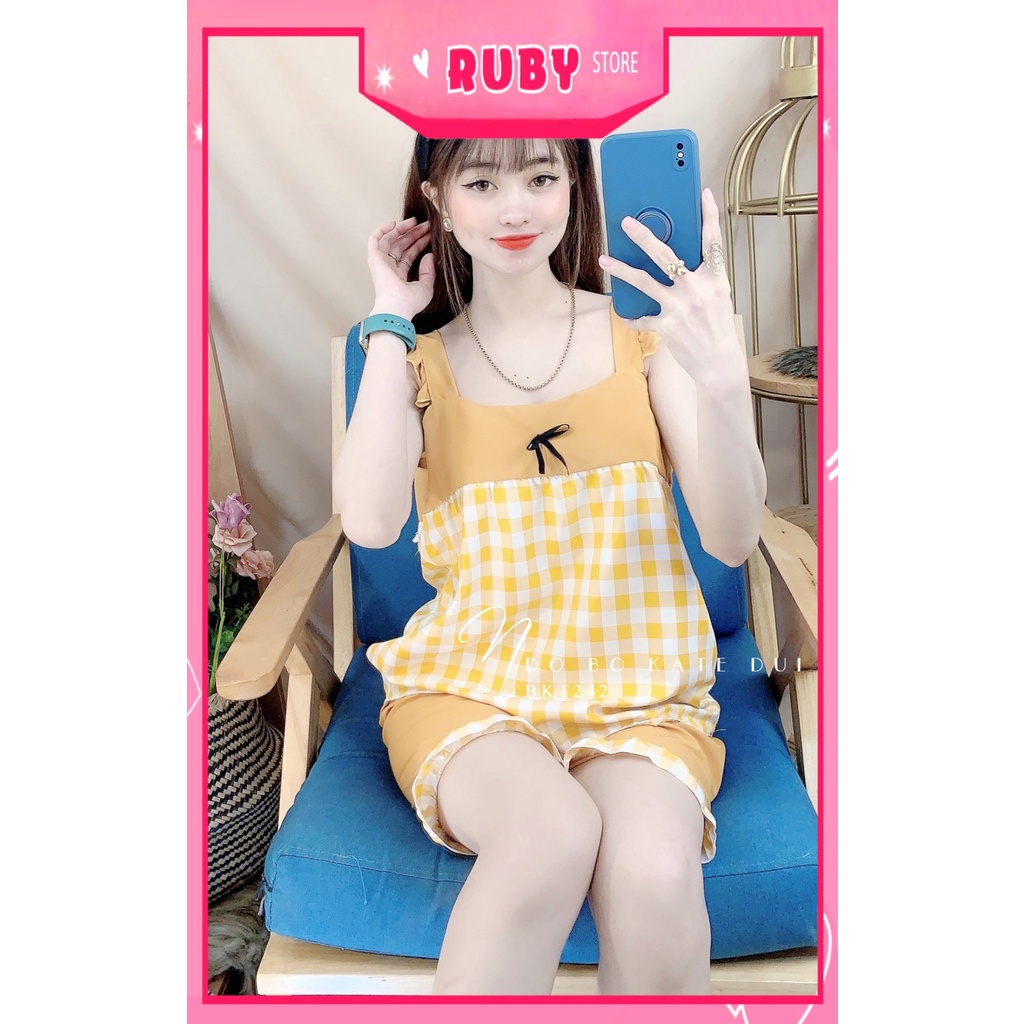 Đồ bộ kate đùi cho nữ mặc nhà vải mềm mát in họa tiết caro nhí dễ thương BKT242