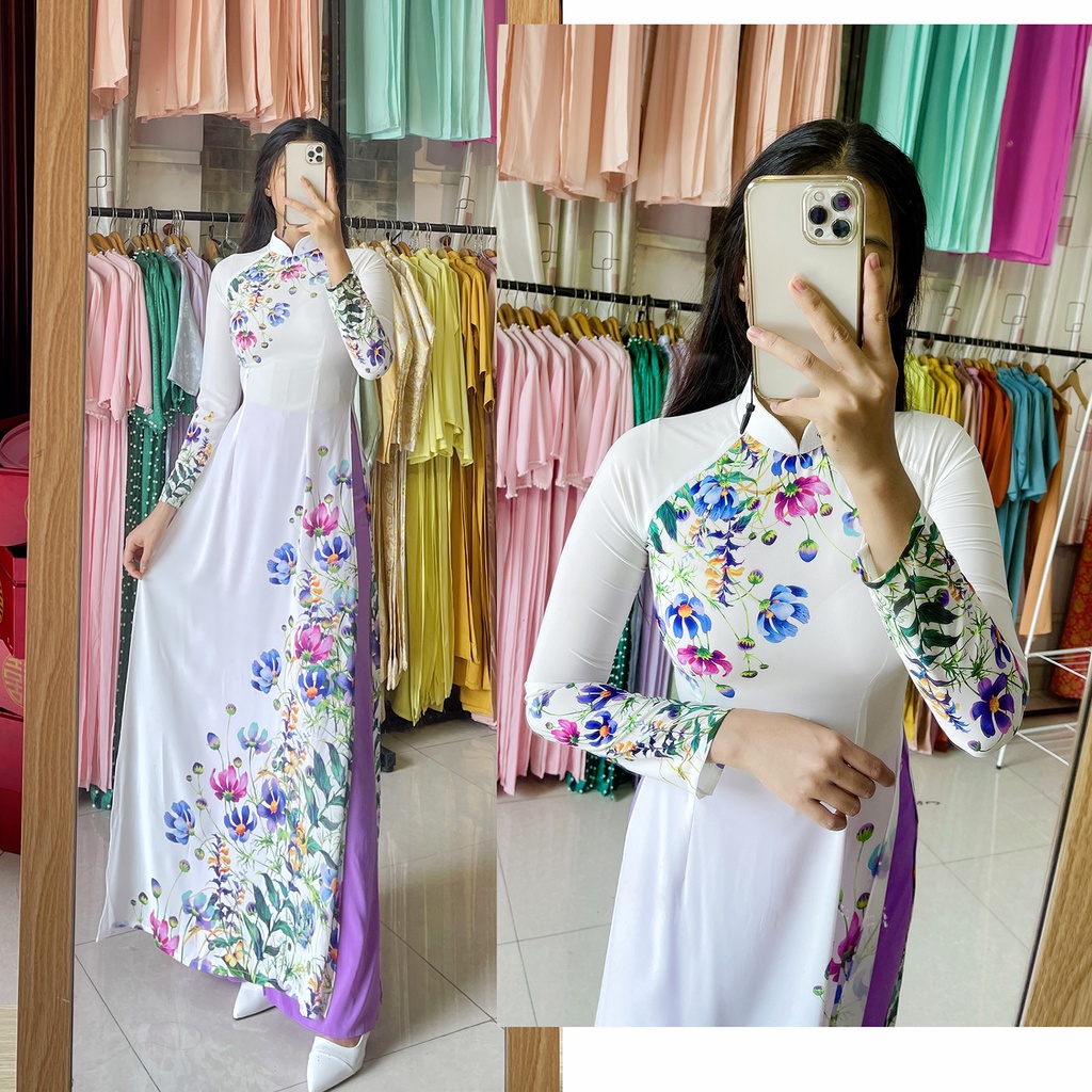 Áo dài in hoa nhí họa tiết cổ điển - áo dài trắng hoa đỏ hoa tím