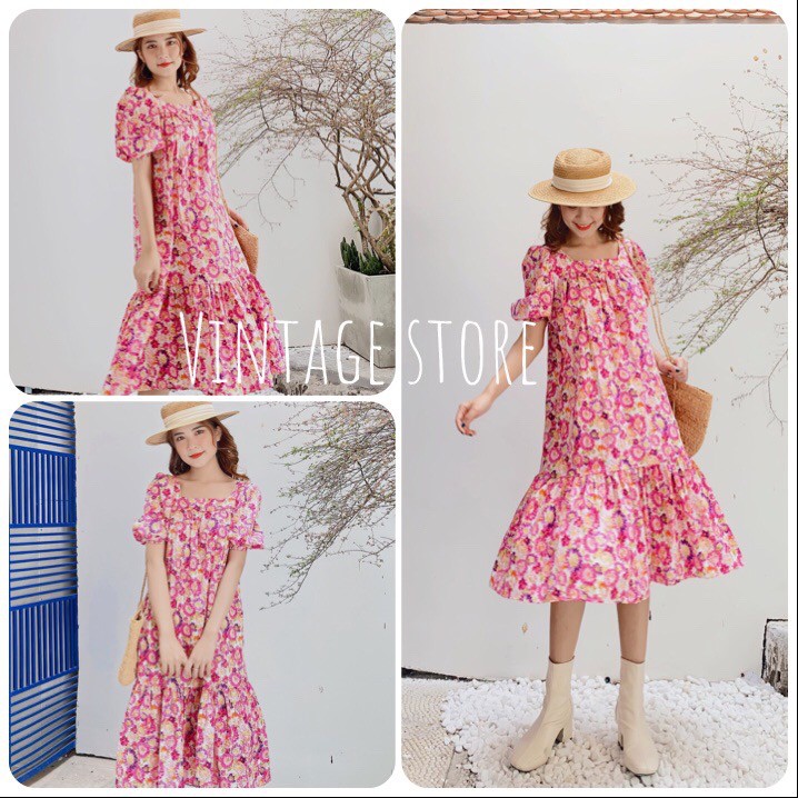 Đầm Babydoll Hoa chất Kate mềm mịn, đầm bầu Maxi cho các mẹ đi biển, du lịch VINTAGE STORE