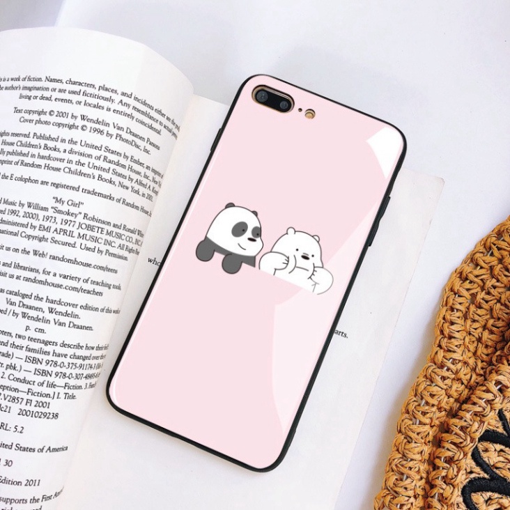 Ốp lưng iphone 6, 7, 8 Plus, X, XS, XR, XSMAX, 11, 11PRO, 11 PROMAX, 12, 13 PROMAX 2 CHÚ GẤU HỒNG BẰNG KÍNH PKVN