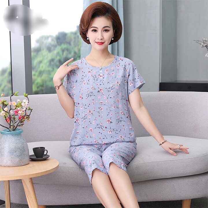 Bộ mặc nhà trung niên vài lanh họa tiết hoa lá, dáng áo ngắn tay quần lửng sang trong lịch sự cho bà cho mẹ