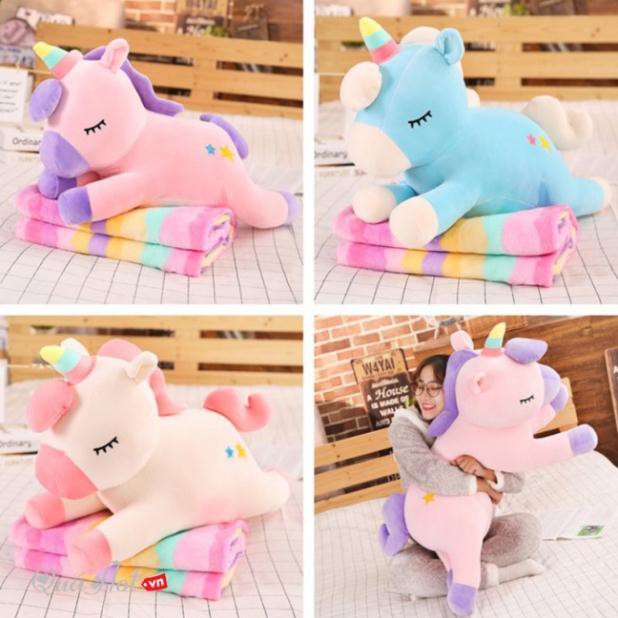 Bộ Chăn Gối Thú Bông Ngựa Unicorn 3 Trong 1 Vải Bông Tuyết Siêu Mềm