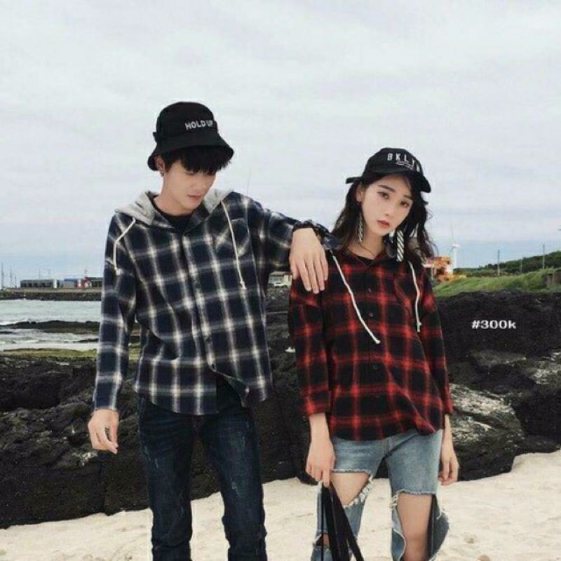 áo sơ mi đỏ và đen nam nữ có mũ
