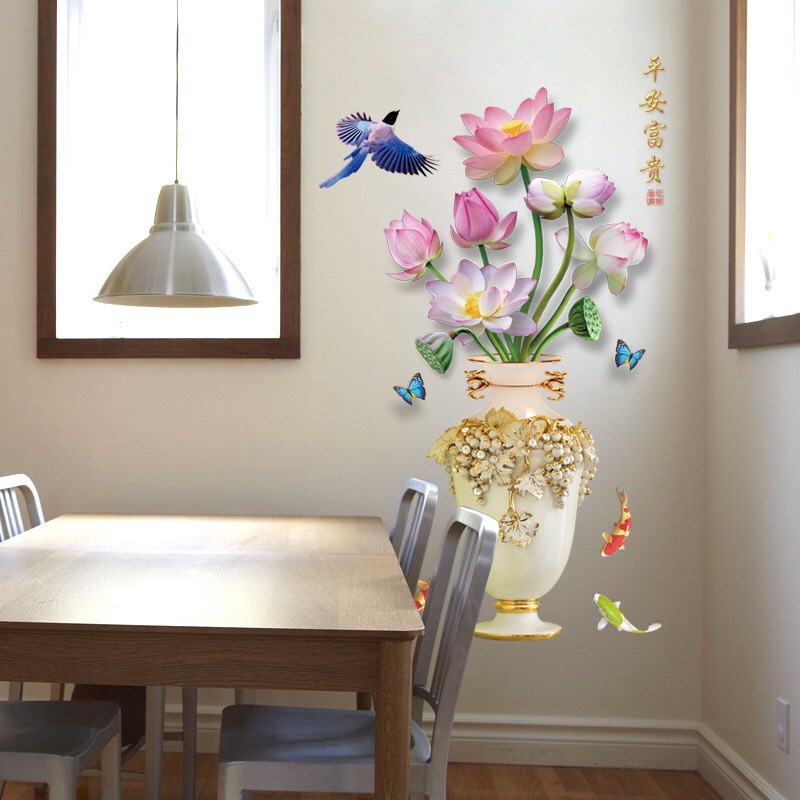 Decal dán tường, Tranh dán tường bình hoa 3D trang trí phòng khách phòng ngủ cầu thang AD06