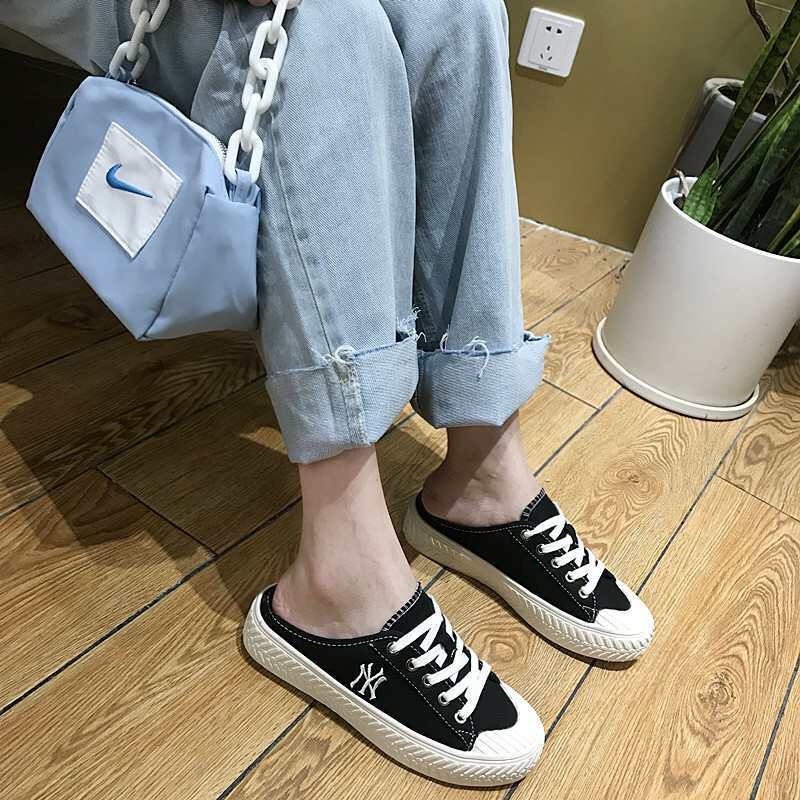 Giày sục thể thao nữ sneaker sục nữ đạp gót màu đen chữ N.Y vải canvas đế độn cao 3cm LAPA - LP086