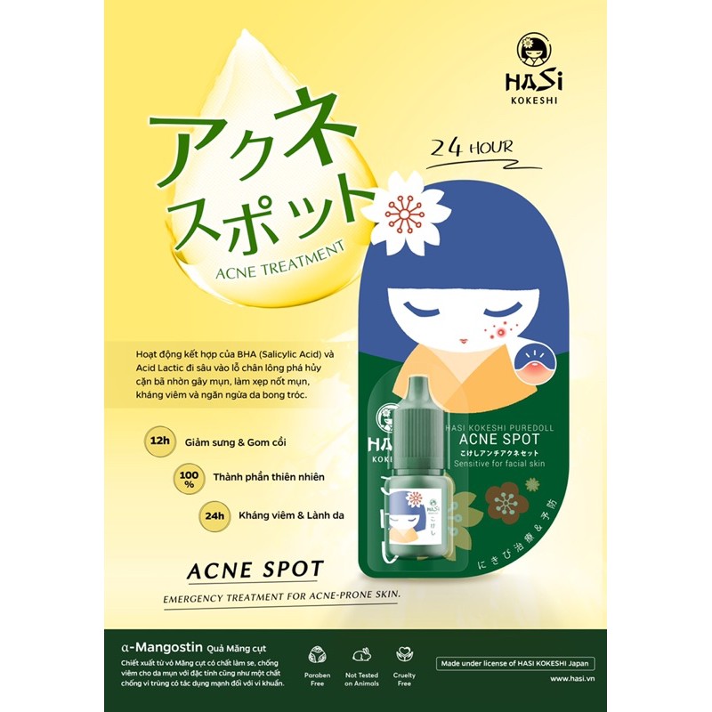 Combo Dưỡng cho da mụn Hasi Kokeshi Japan [Set: Gel rửa mặt 30ml-Serum 10ml + Chấm mụn 5ml]