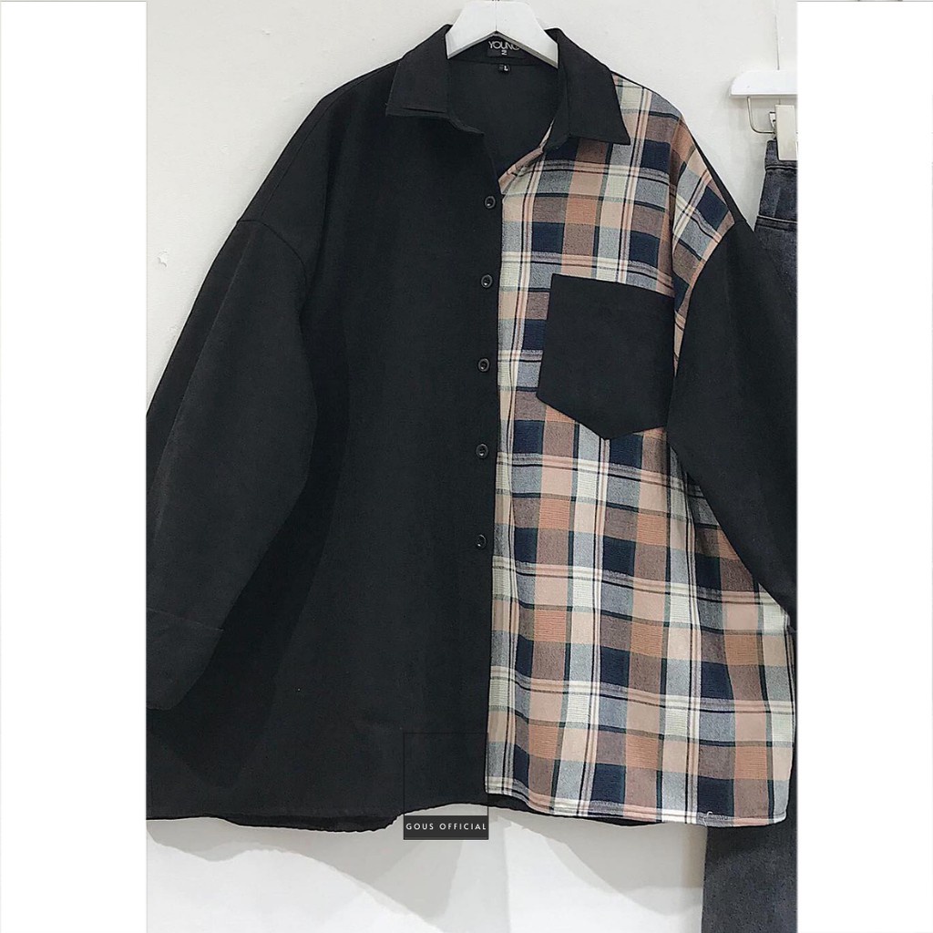 Áo Sơ Mi Nữ Form Rộng Phối Màu Kẻ Và Túi Hộp Thời Trang Chất Nhung Tăm Siêu Mềm SHELL Vintage   - 10015 Gous Official