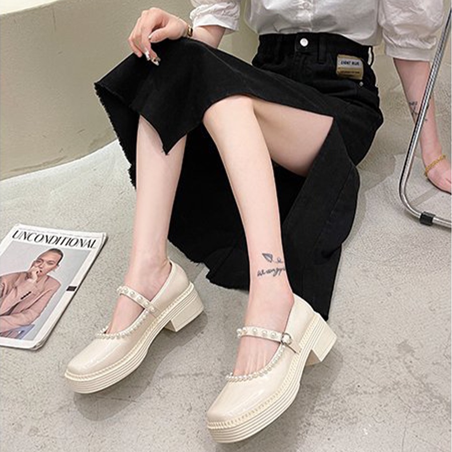 Giày Lolita Ulzzang Vintage, Giày Mary Jane Mũi Vuông Đính Ngọc Phần Viền Và Quai Đế Cao 5cm Hàn Quốc-Iclassy_shoes