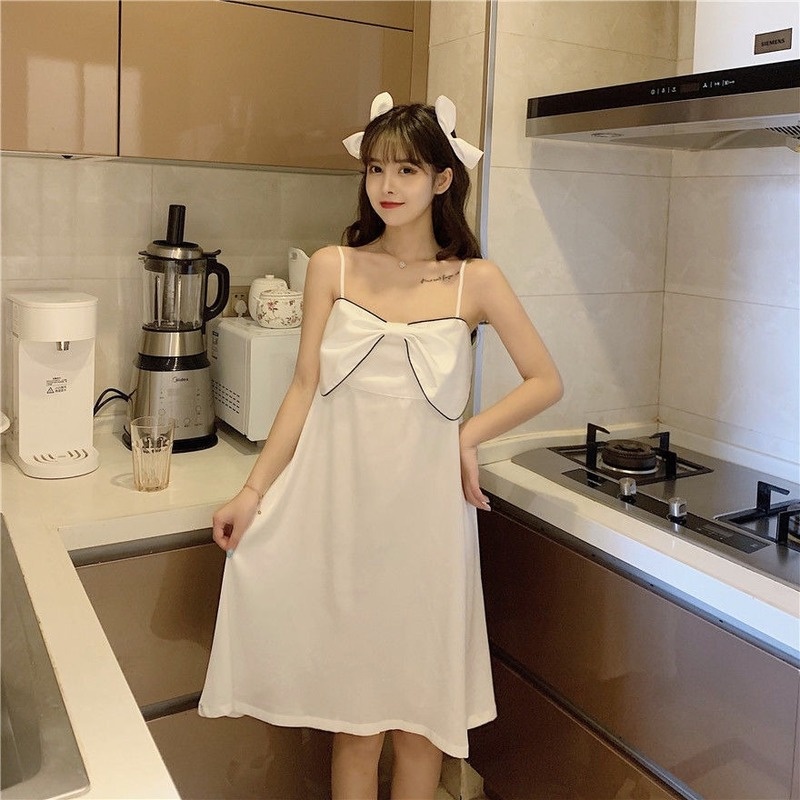 Đầm Ngủ Dáng Rộng Bằng Lụa Băng Đính Nơ Kiểu Công Chúa Ngọt Ngào Hàng Mới Cho Nữ