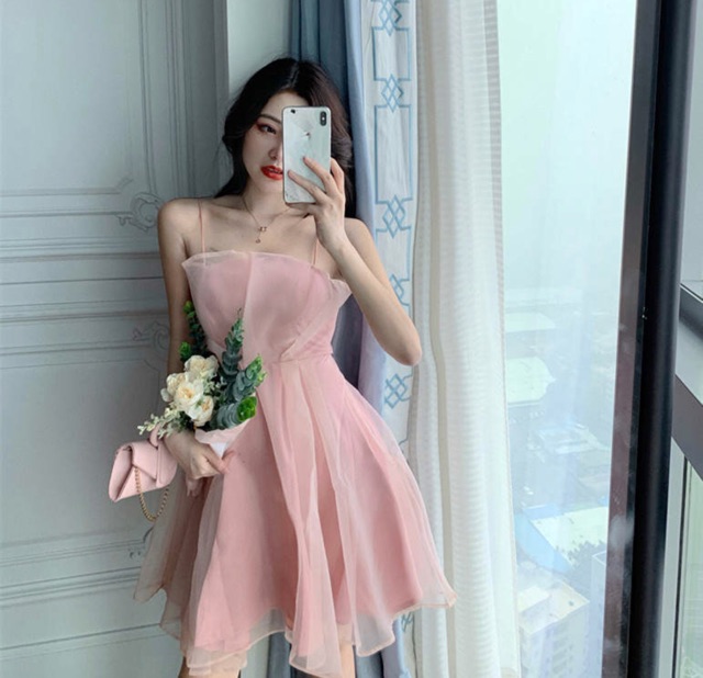 Váy Đầm Hai Dây Dự Tiệc Công Chúa Ulzzang Hàn Quốc Màu Trắng/Hồng